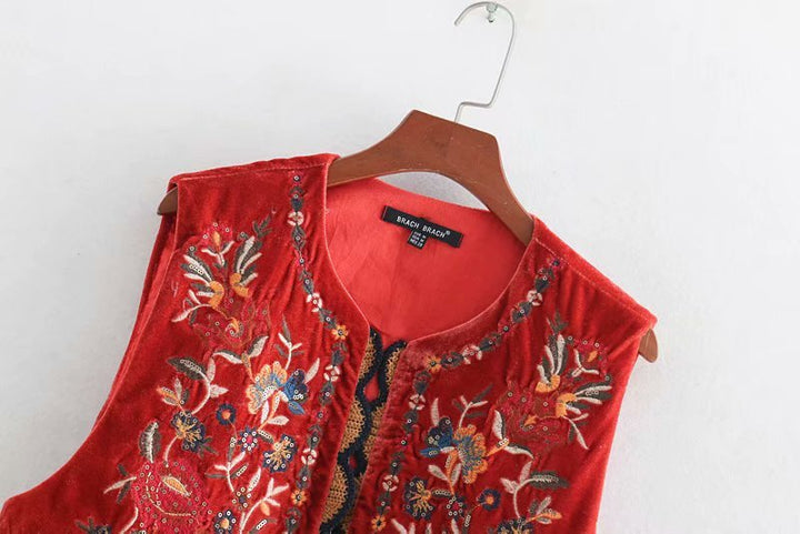Boho Velvet Waistcoat Embroidered Paisley Print Layering