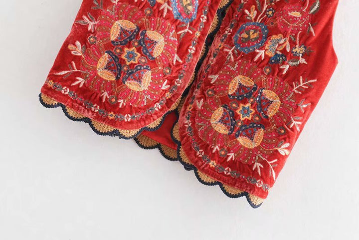 Boho Velvet Waistcoat Embroidered Paisley Print Layering