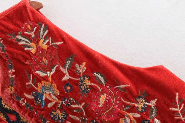 Boho Velvet Waistcoat Embroidered Paisley Print Layering