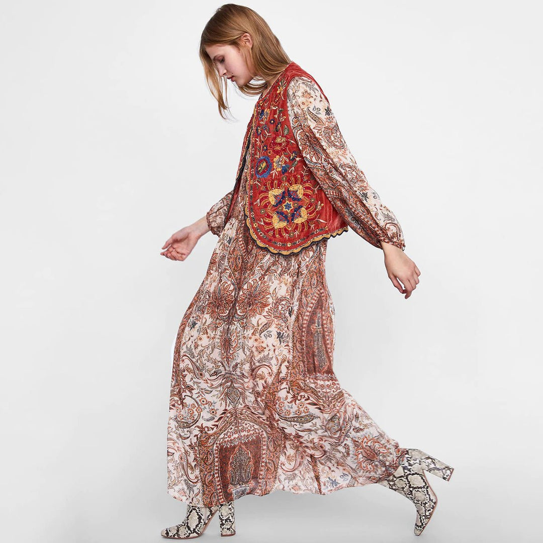 Boho Velvet Waistcoat Embroidered Paisley Print Layering
