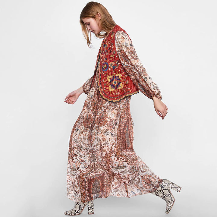 Boho Velvet Waistcoat Embroidered Paisley Print Layering