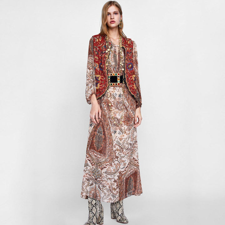 Boho Velvet Waistcoat Embroidered Paisley Print Layering
