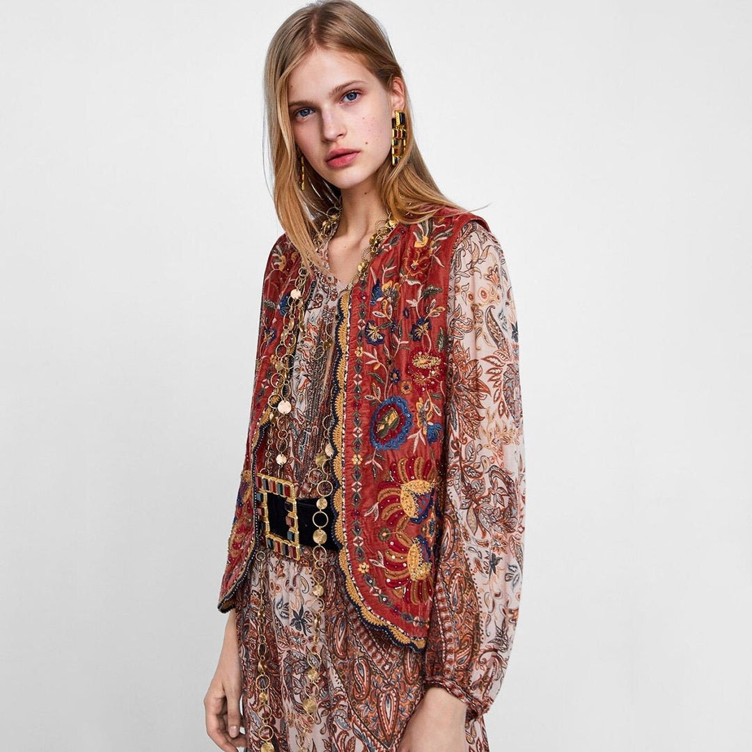 Boho Velvet Waistcoat Embroidered Paisley Print Layering
