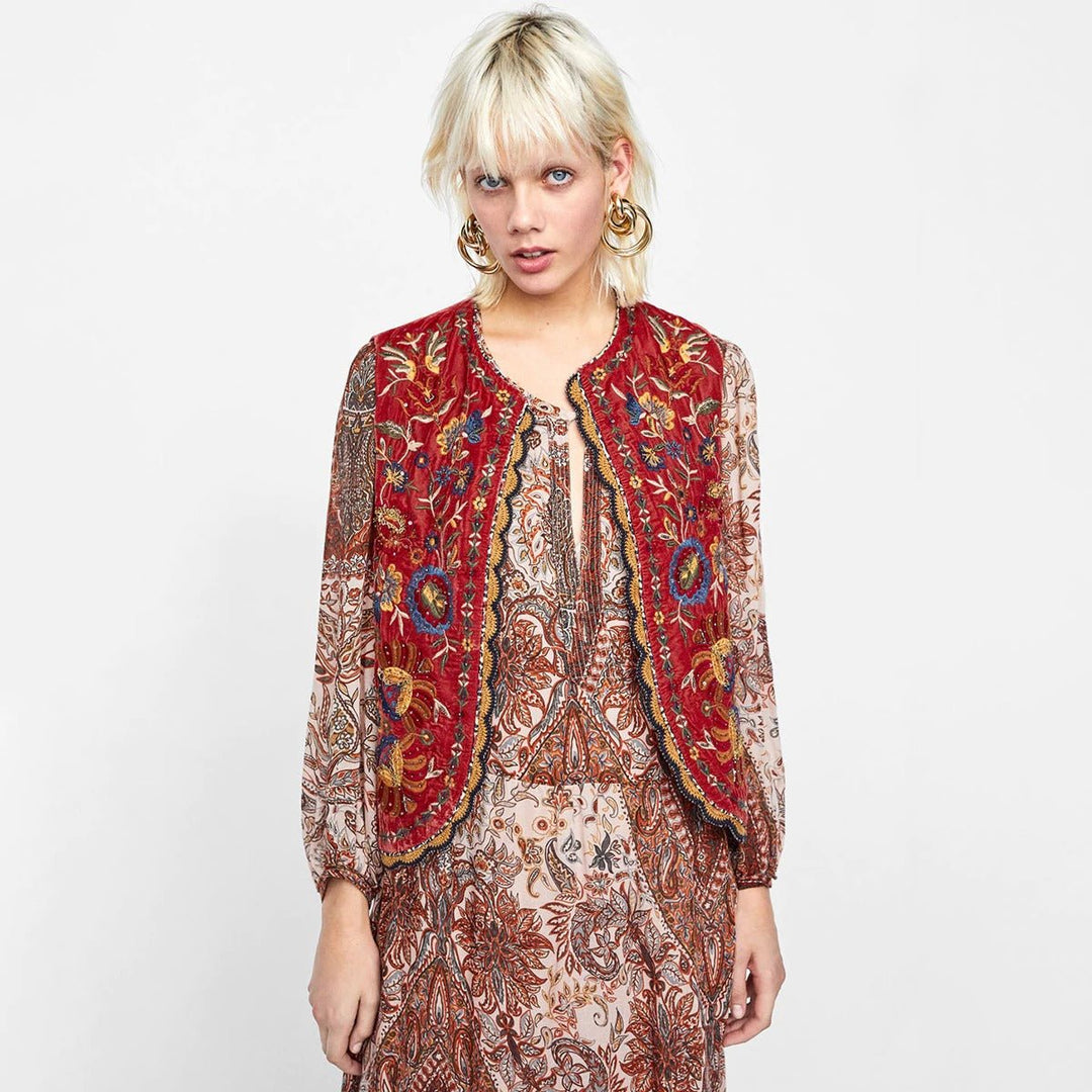 Boho Velvet Waistcoat Embroidered Paisley Print Layering