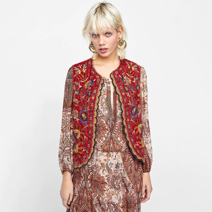 Boho Velvet Waistcoat Embroidered Paisley Print Layering