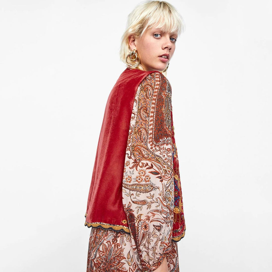 Boho Velvet Waistcoat Embroidered Paisley Print Layering