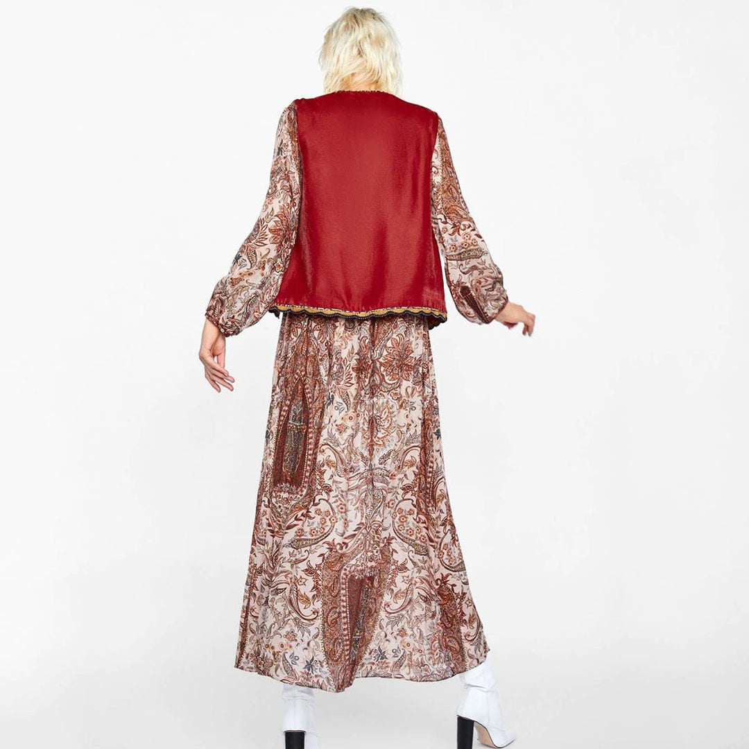 Boho Velvet Waistcoat Embroidered Paisley Print Layering