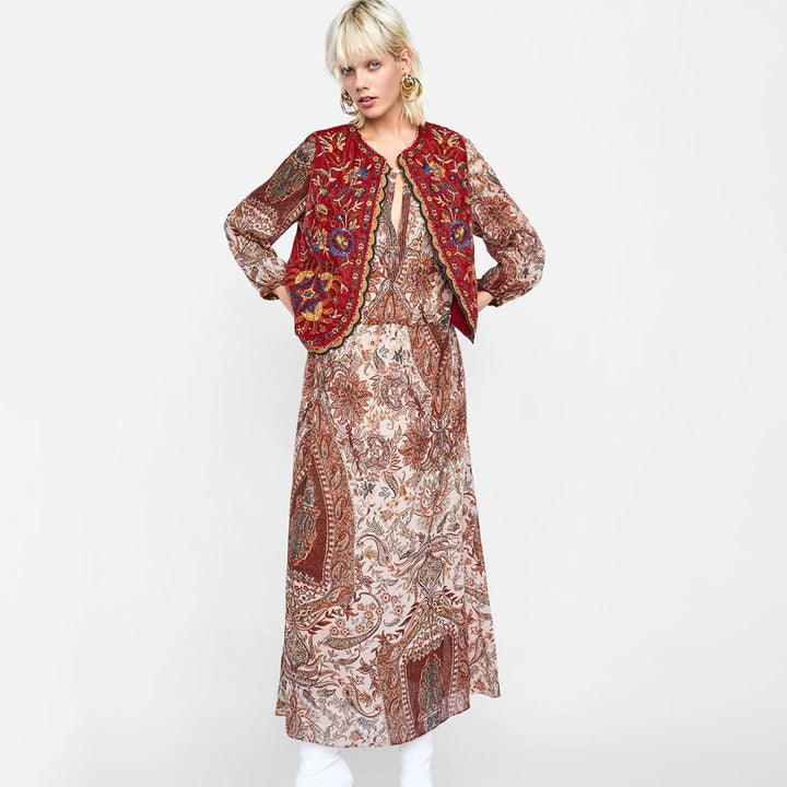 Boho Velvet Waistcoat Embroidered Paisley Print Layering