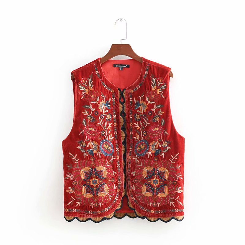 Boho Velvet Waistcoat Embroidered Paisley Print Layering