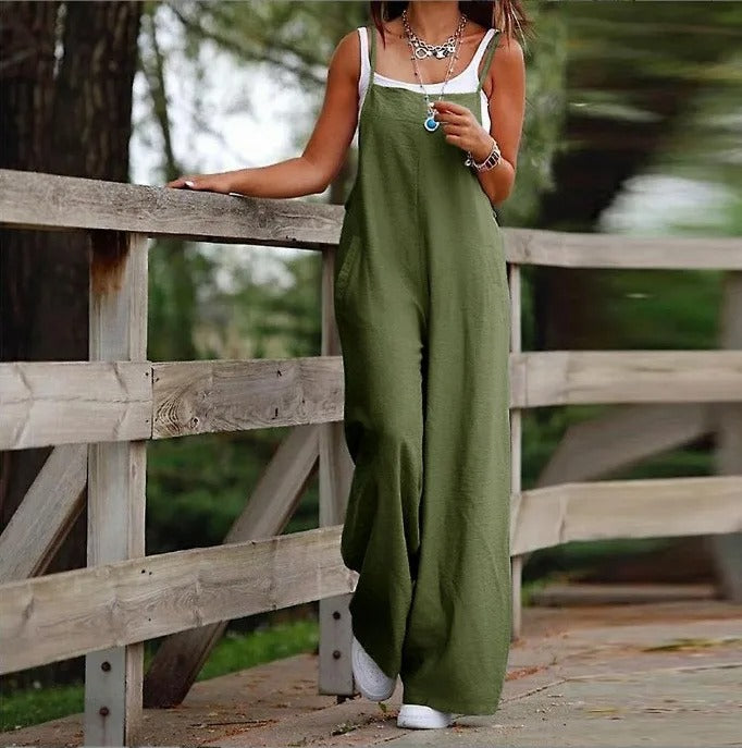 Sophie | Women's Linen Wide Leg Pants Dungaree Sleeveless Jumpsuit