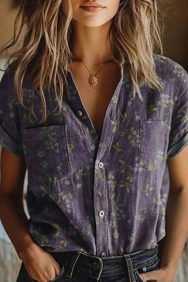 Cotton Floral Blouse Lapel Collar Relaxed Fit Short Sleeve