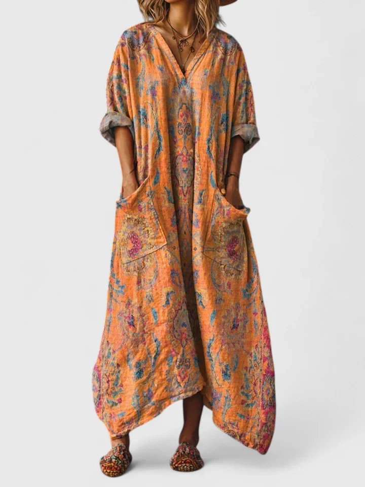 Cotton Maxi Dress V-Neck Bohemian Print Front Pockets - Orange