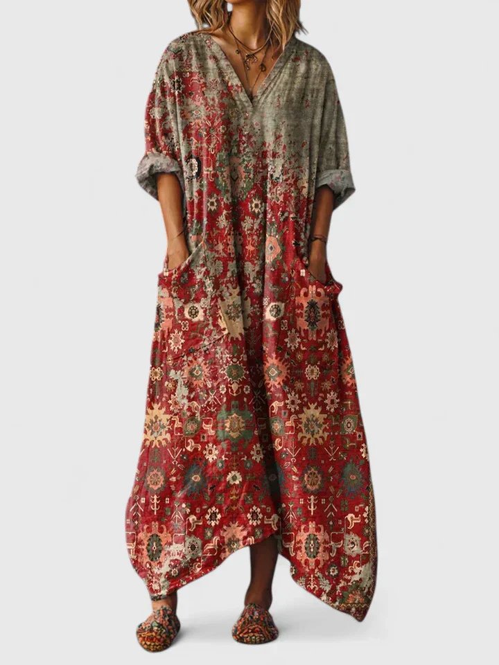 Cotton Maxi Dress V-Neck Bohemian Print Front Pockets - Red