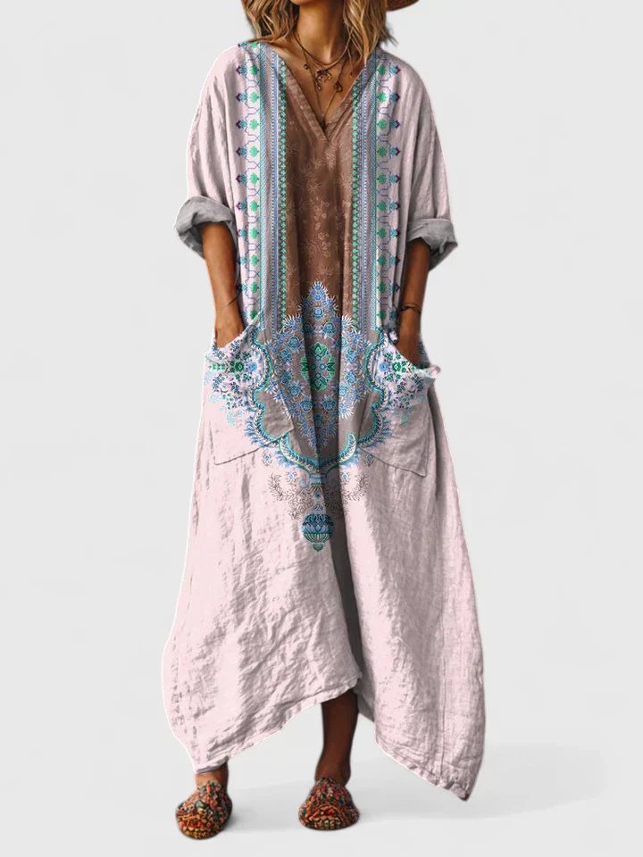 Cotton Maxi Dress V-Neck Bohemian Print Front Pockets - Light Pink