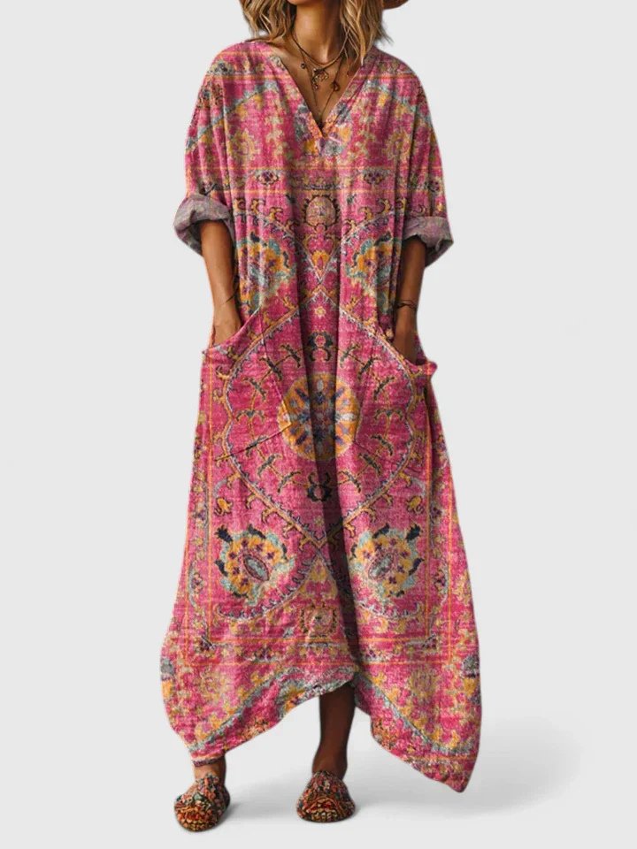 Cotton Maxi Dress V-Neck Bohemian Print Front Pockets - Dark Pink