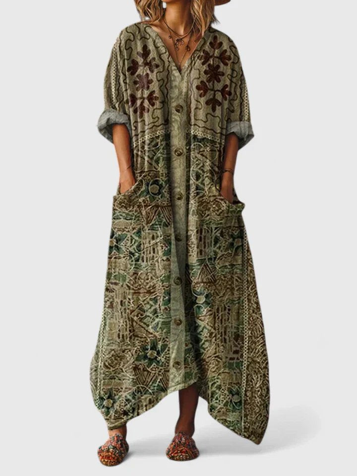 Cotton Maxi Dress V-Neck Bohemian Print Front Pockets - Olive Green