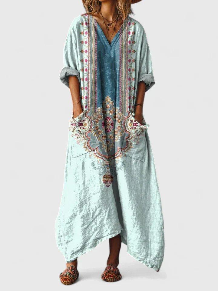 Cotton Maxi Dress V-Neck Bohemian Print Front Pockets - Powder Blue