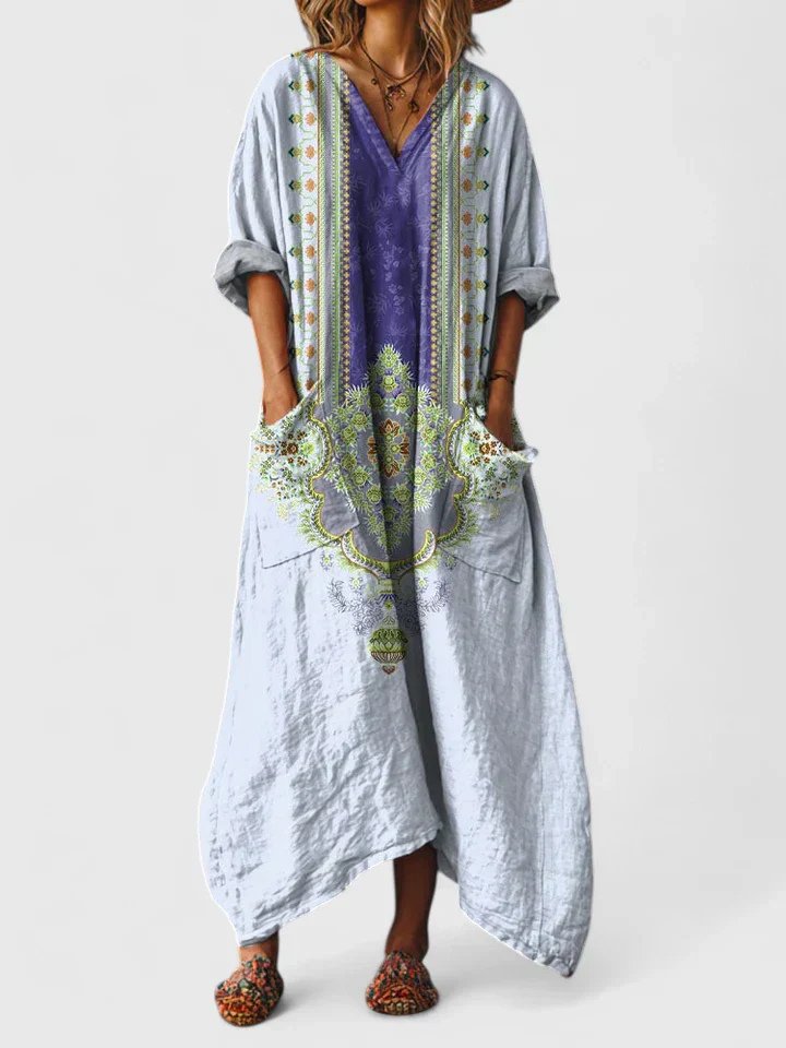Cotton Maxi Dress V-Neck Bohemian Print Front Pockets - Light Blue