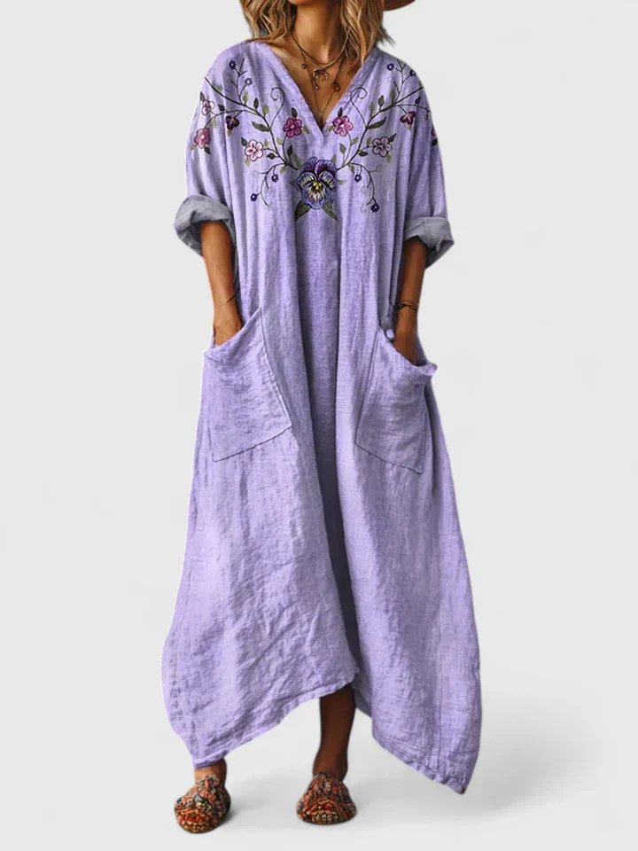 Cotton Maxi Dress V-Neck Bohemian Print Front Pockets - Purple