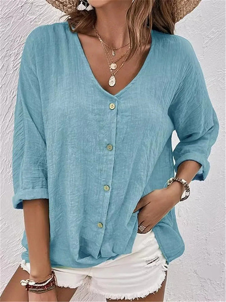 Cotton V-Neck Button-Front Top Crinkle Texture 3/4 Sleeve - Light Blue