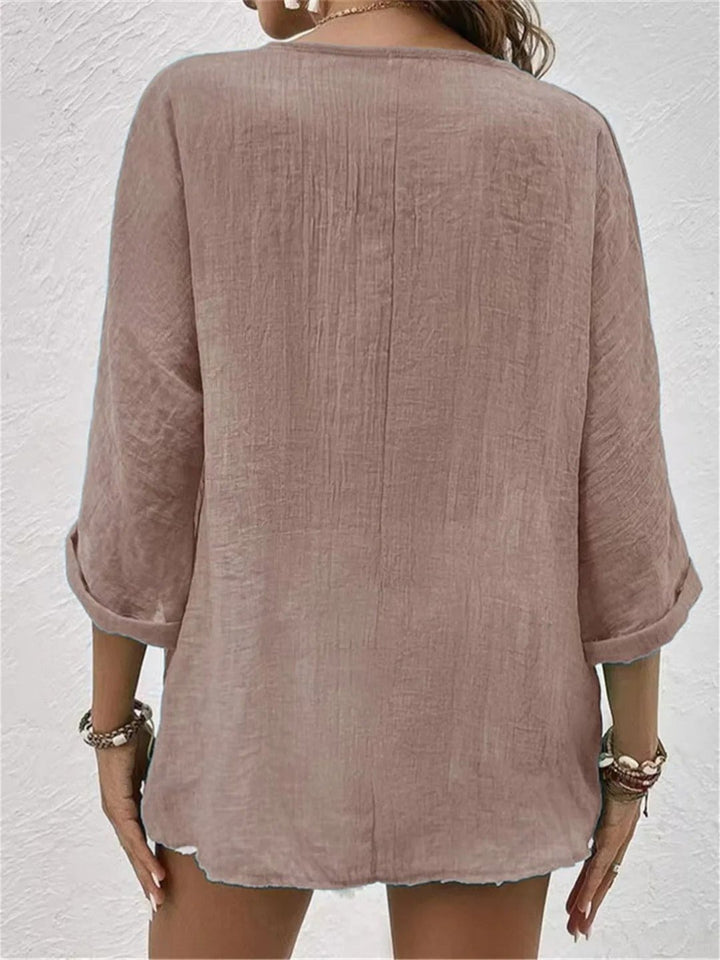 Cotton V-Neck Button-Front Top Crinkle Texture 3/4 Sleeve