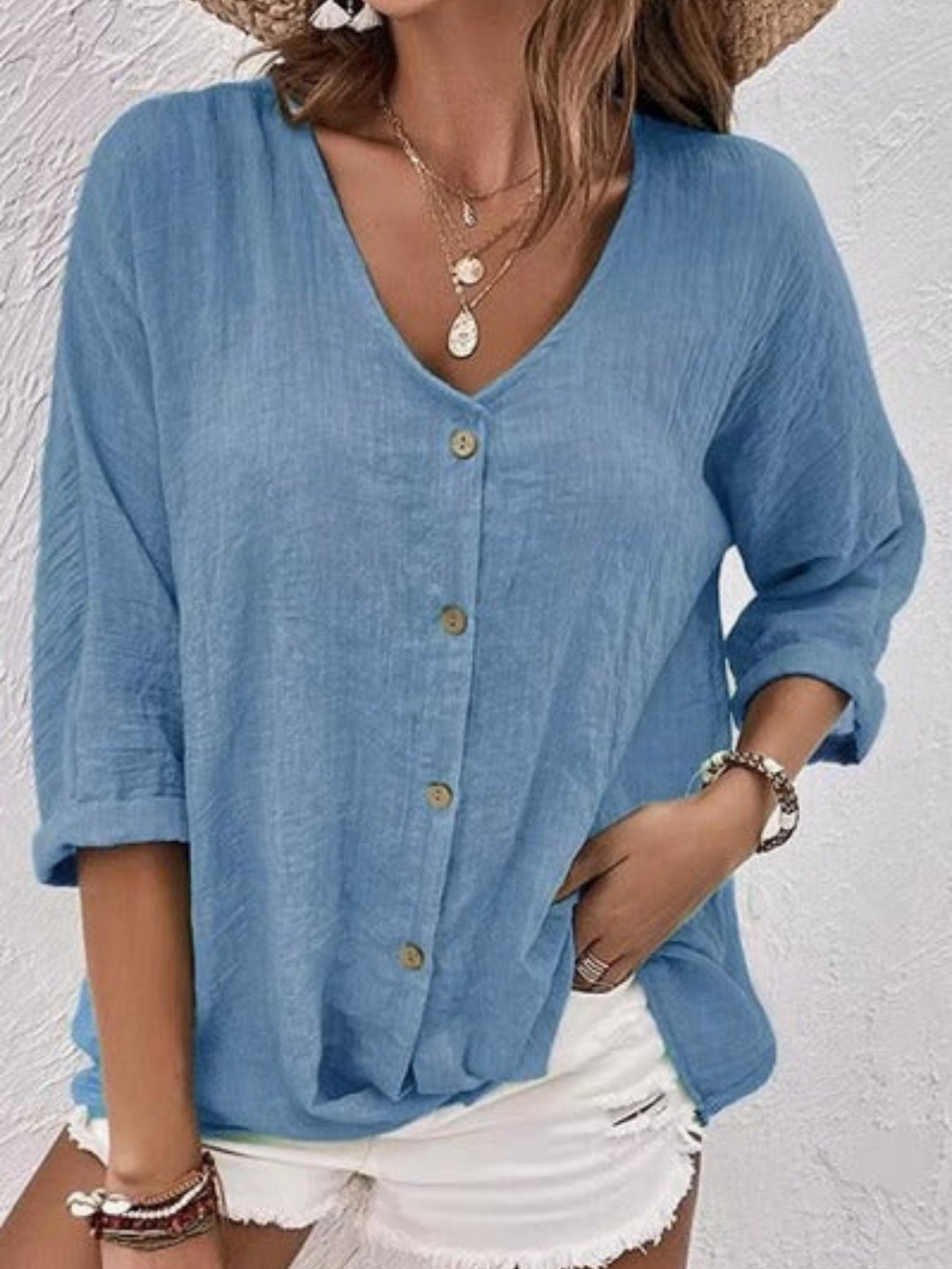 Cotton V-Neck Button-Front Top Crinkle Texture 3/4 Sleeve - Steel Blue