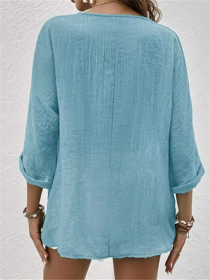 Cotton V-Neck Button-Front Top Crinkle Texture 3/4 Sleeve