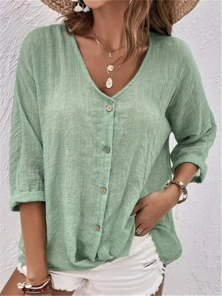 Cotton V-Neck Button-Front Top Crinkle Texture 3/4 Sleeve - Mint green