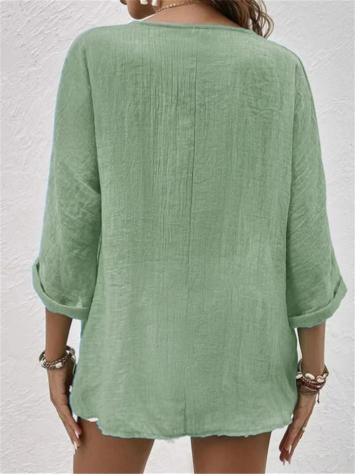 Cotton V-Neck Button-Front Top Crinkle Texture 3/4 Sleeve