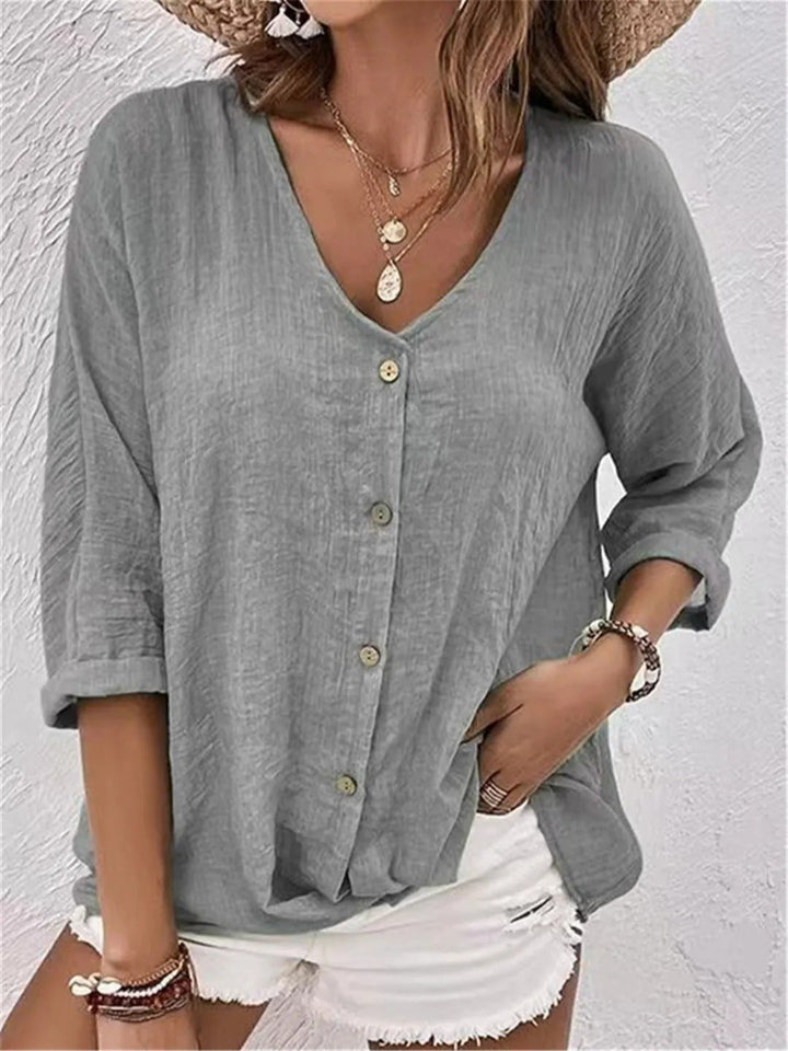 Cotton V-Neck Button-Front Top Crinkle Texture 3/4 Sleeve - Light Gray