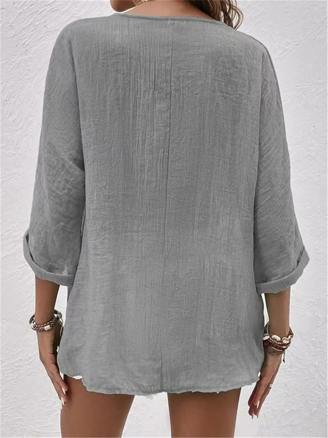 Cotton V-Neck Button-Front Top Crinkle Texture 3/4 Sleeve
