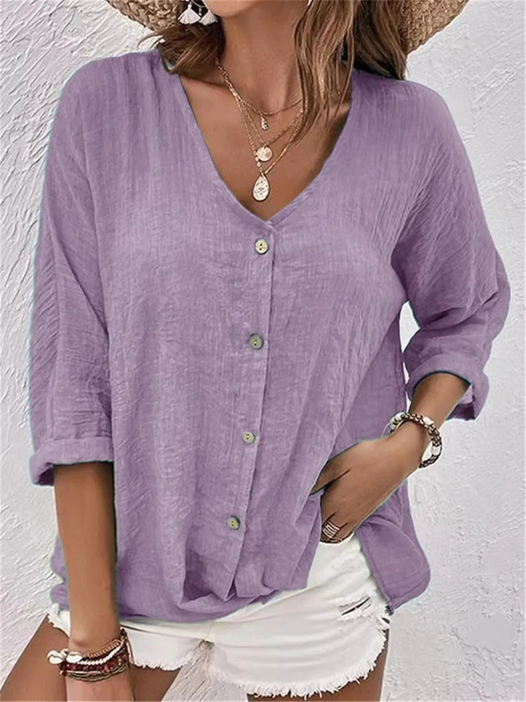 Cotton V-Neck Button-Front Top Crinkle Texture 3/4 Sleeve - Light Purple