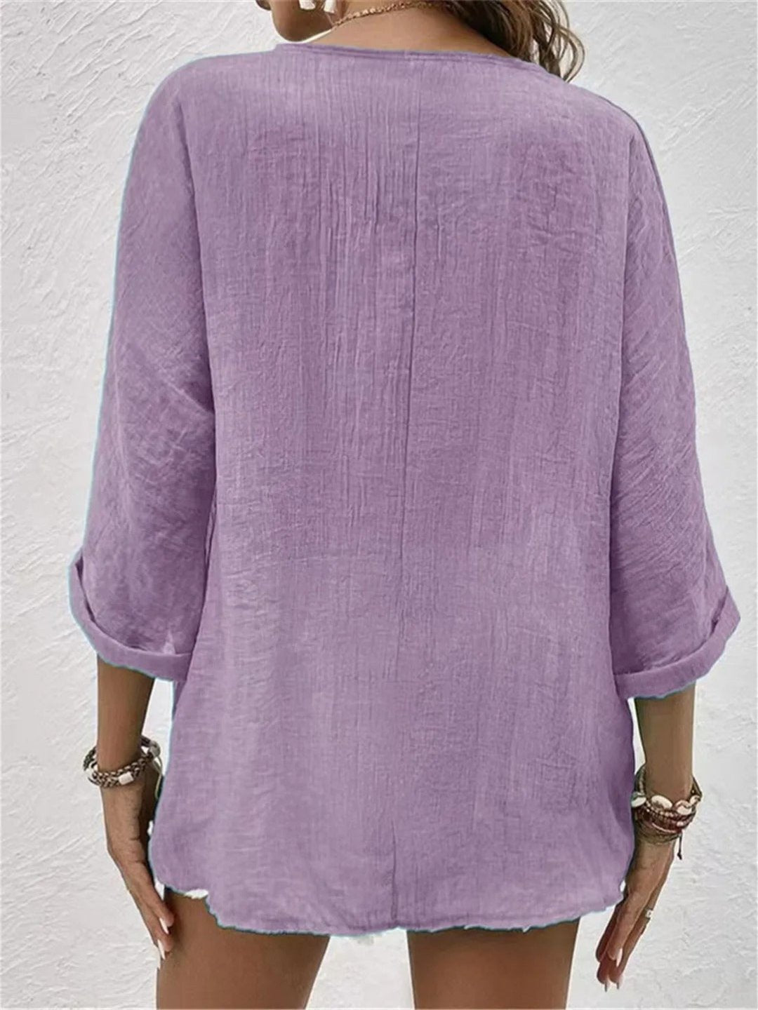 Cotton V-Neck Button-Front Top Crinkle Texture 3/4 Sleeve