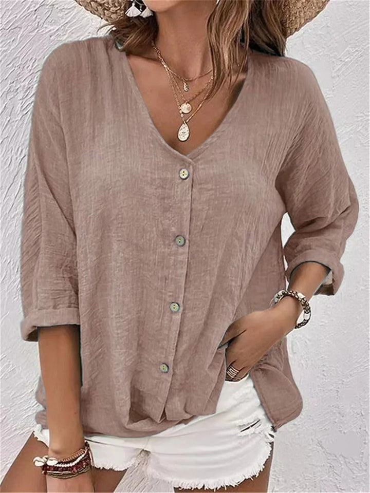 Cotton V-Neck Button-Front Top Crinkle Texture 3/4 Sleeve - Light Brown