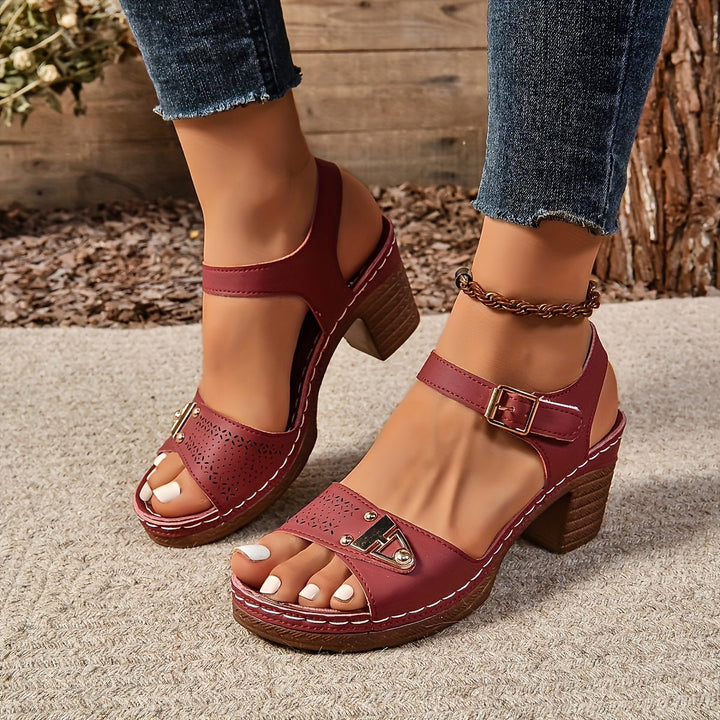 Cross-Strap Sandals Block Heel Cushioned Comfort Platform - Crimson