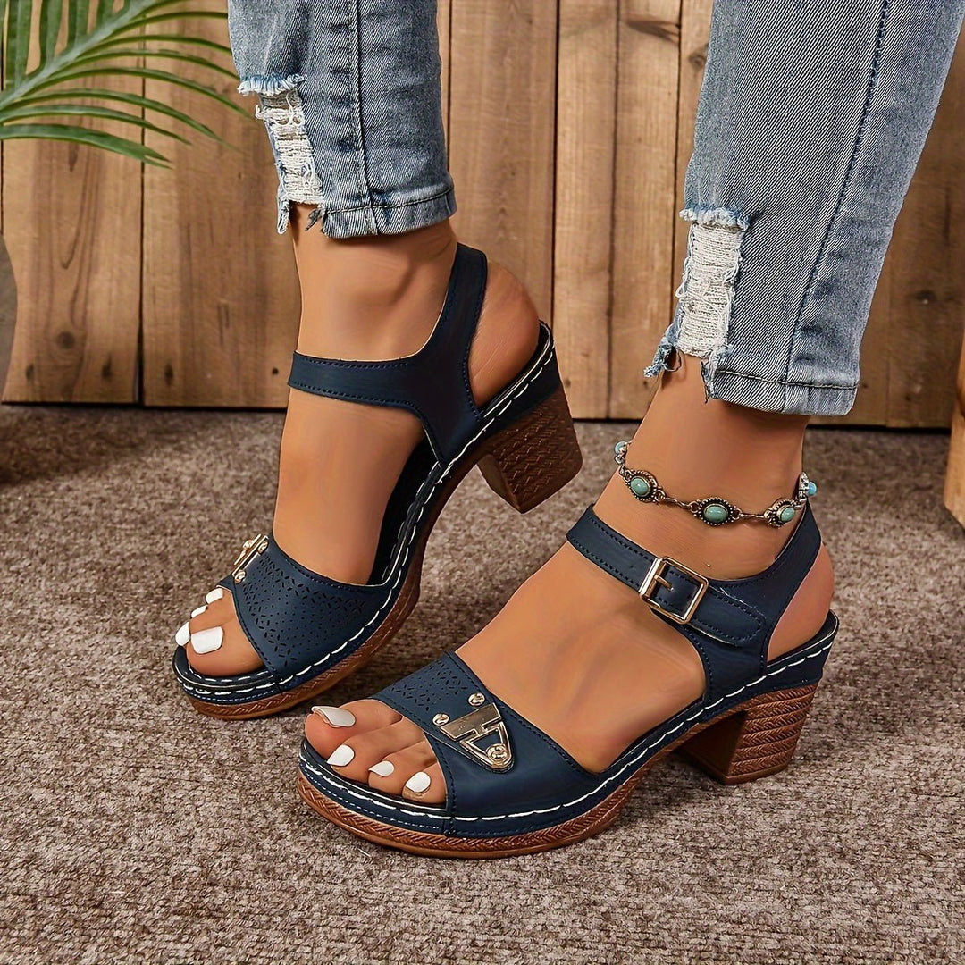 Cross-Strap Sandals Block Heel Cushioned Comfort Platform - Blue