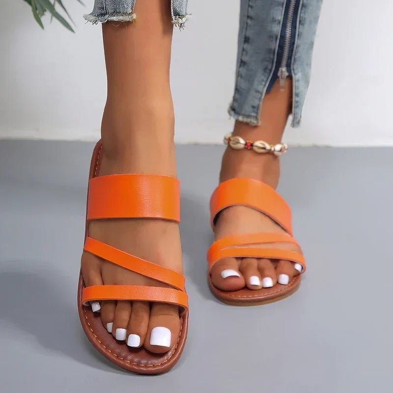Cross-Strap Sandals Cushioned Leather Slip-On Comfort - Orange