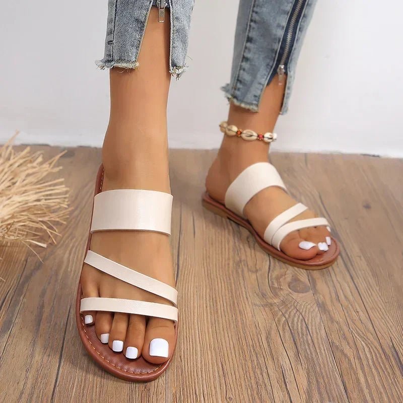 Cross-Strap Sandals Cushioned Leather Slip-On Comfort - Beige