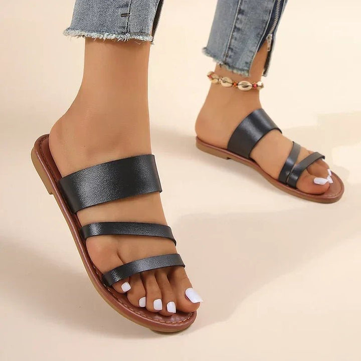 Cross-Strap Sandals Cushioned Leather Slip-On Comfort - Black