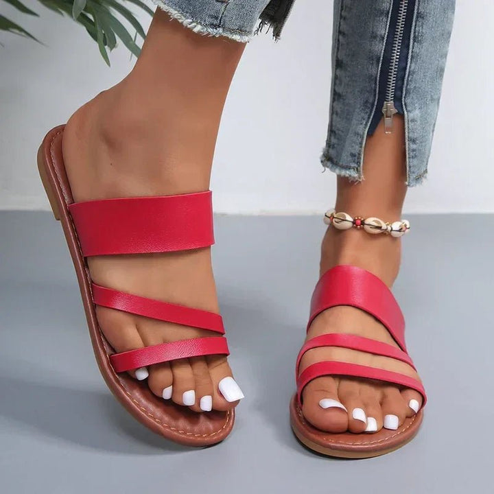 Cross-Strap Sandals Cushioned Leather Slip-On Comfort - Red