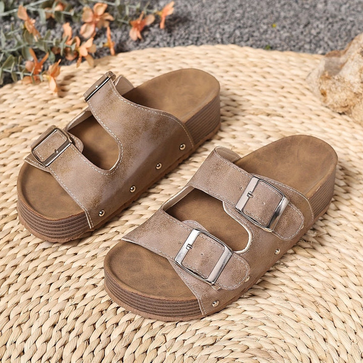 Cross-Strap Sandals Cushioned Platform Buckle Detail - Khaki
