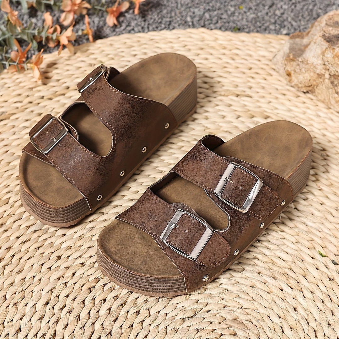 Cross-Strap Sandals Cushioned Platform Buckle Detail - Coffee
