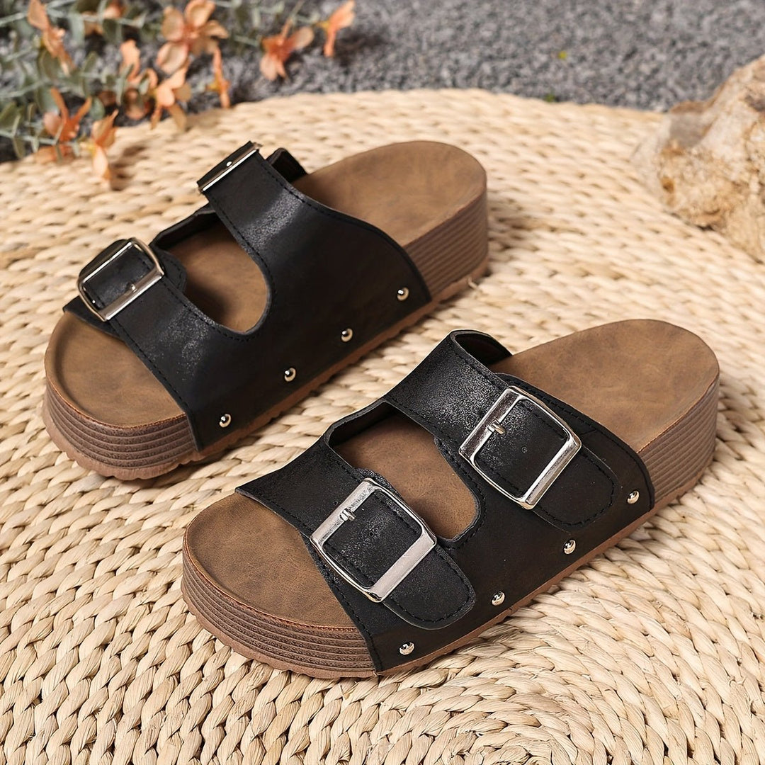 Cross-Strap Sandals Cushioned Platform Buckle Detail - Black