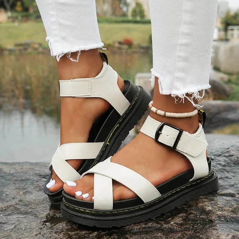 Cross-Strap Sandals Platform Ankle Buckle Chunky Sole - White