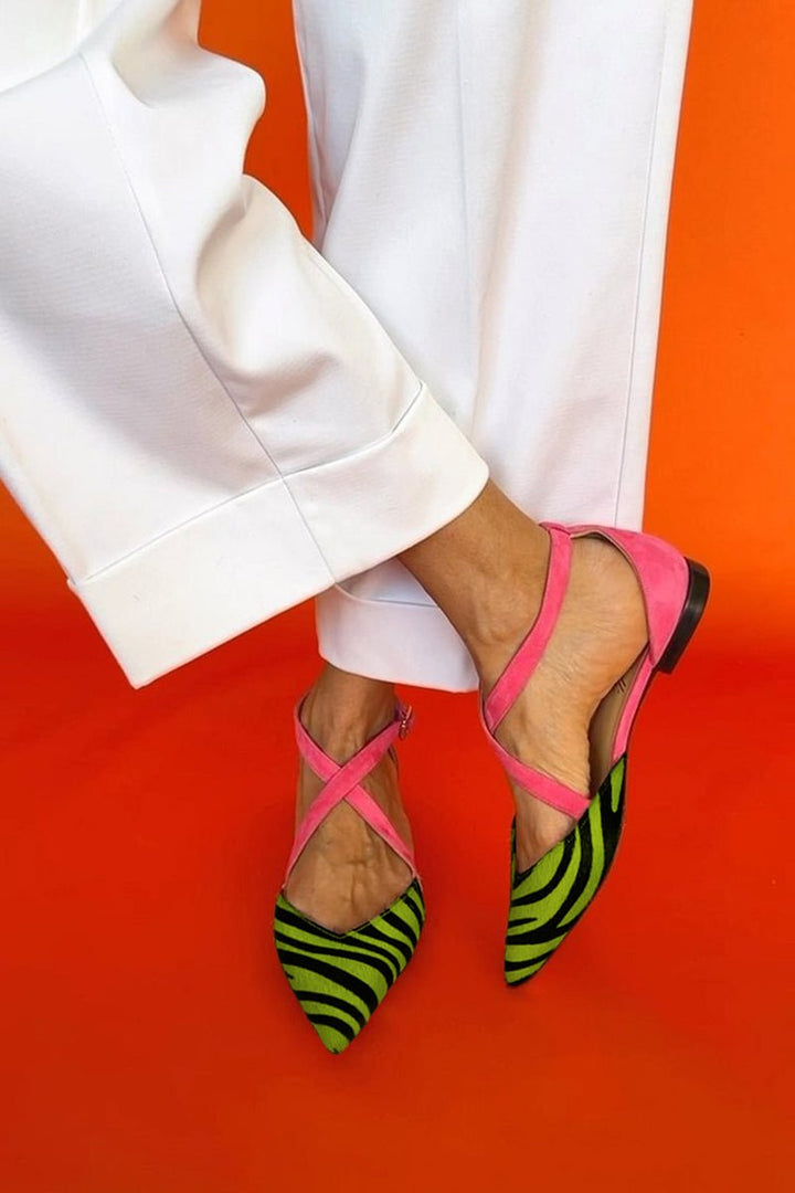 Cross-Strap Sandals Striped Flat Zebra Print Ankle Wrap - Green