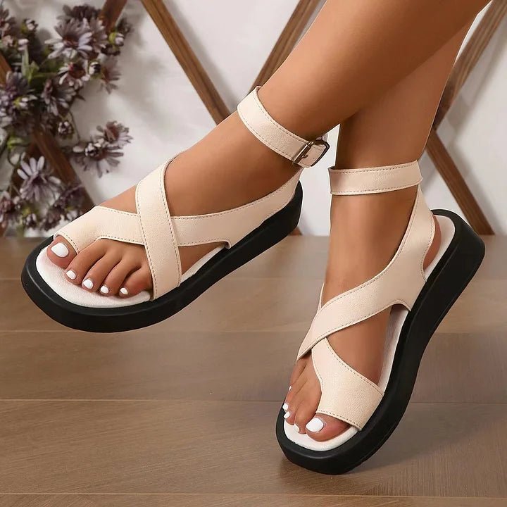 Cross-Strap Sandals Women's Platform Buckle Ankle Support - Beige