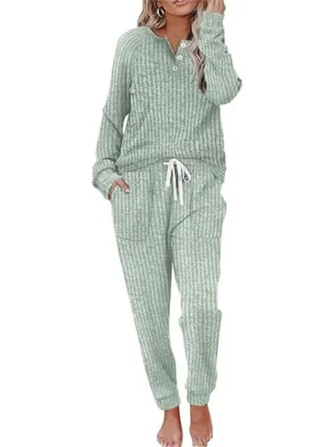 Ava | Women's Ribbed Button-Neck Long-Sleeve Loungewear Two-Piece Set