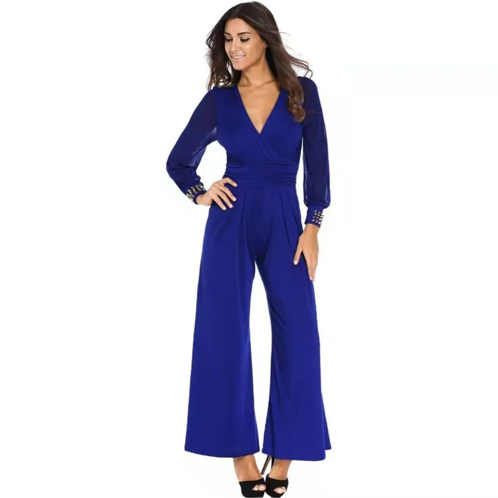 Amelia | Women's Long Sleeve V-Neck Wide-Leg Jumpsuit