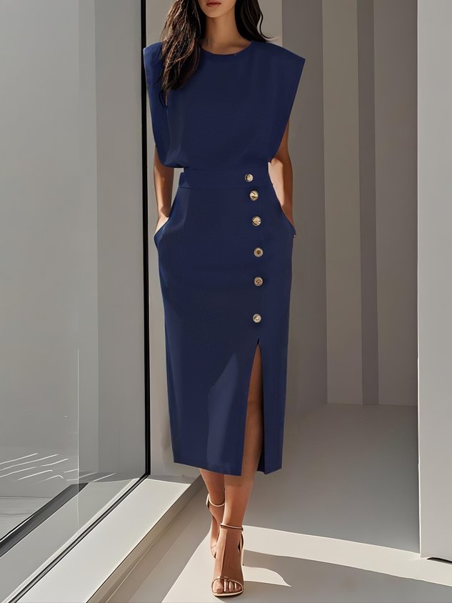 Audrey | Women’s Button Detail Sleeveless Midi Dress