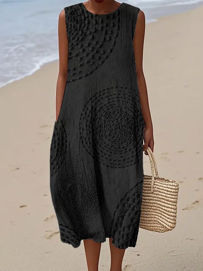 Embroidered Sleeveless Midi Dress A-Line Round Neck - Elegant Black
